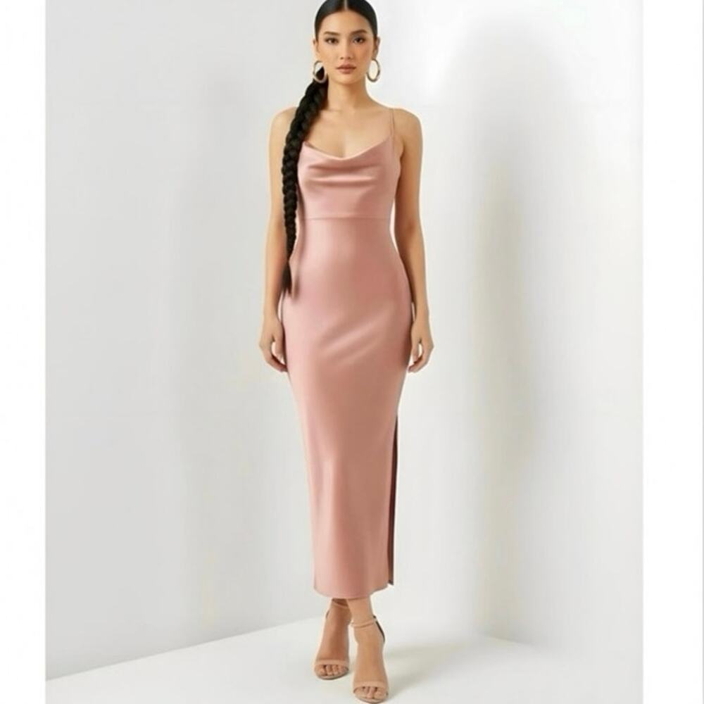 BHLDN cali satin midi slip dress blush pink cowl neck slit hemsize 6 NWT